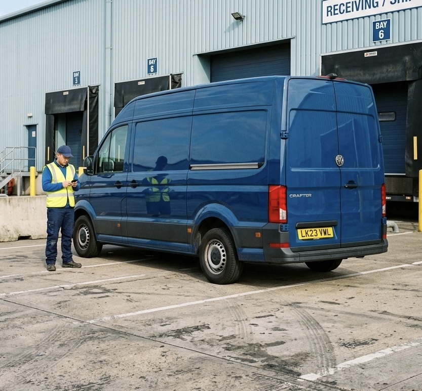 Van driver checking delivery schedule at a Cambridge receiving and shipping bay